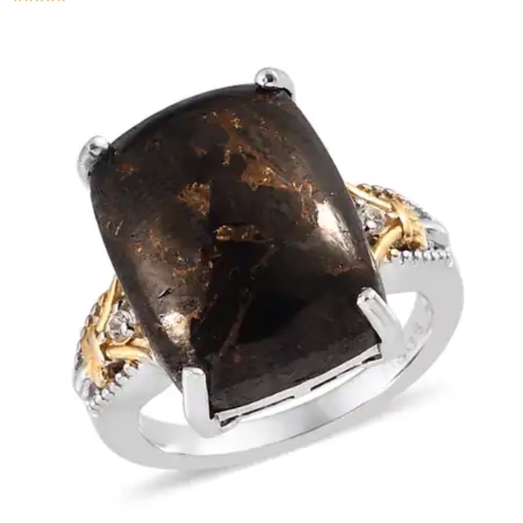 Shungite Rectangle Cabochon Ring In Gold & Platinum Over Brass